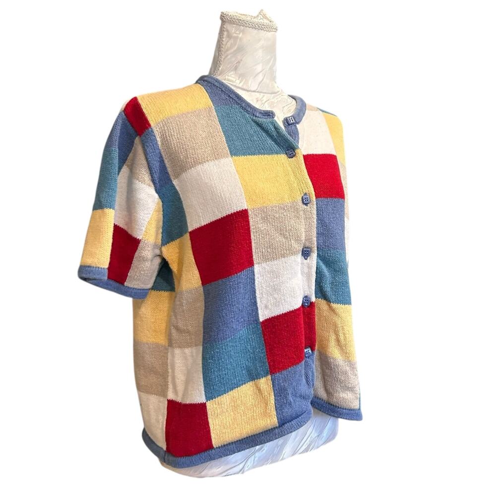 Patchwork Checked Knit Short Sleeve Cardigan Wome… - image 3